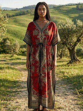 Women’s Long Colorful Red Multi-colored Print Tie Waist Kaftan One Size